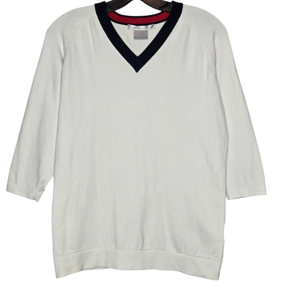 Nike Golf Sweater Y2K Womens Medium White V-Neck 3/4 Sleeve Knit Navy Red Trim